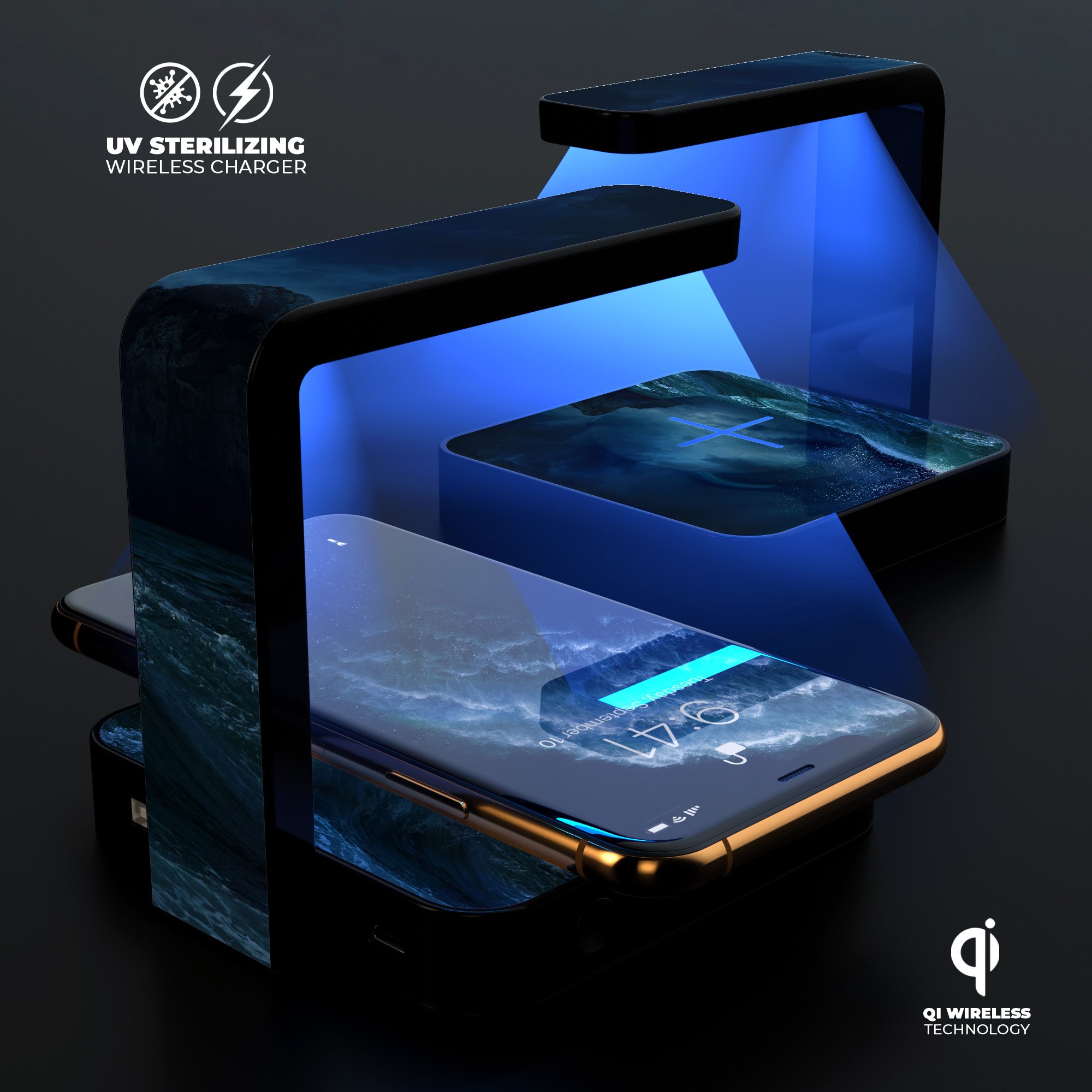 Crashing Waves UV Germicidal Sanitizing Wireless Charger with phone placed on it, showcasing its sleek design and sterilizing lamp.